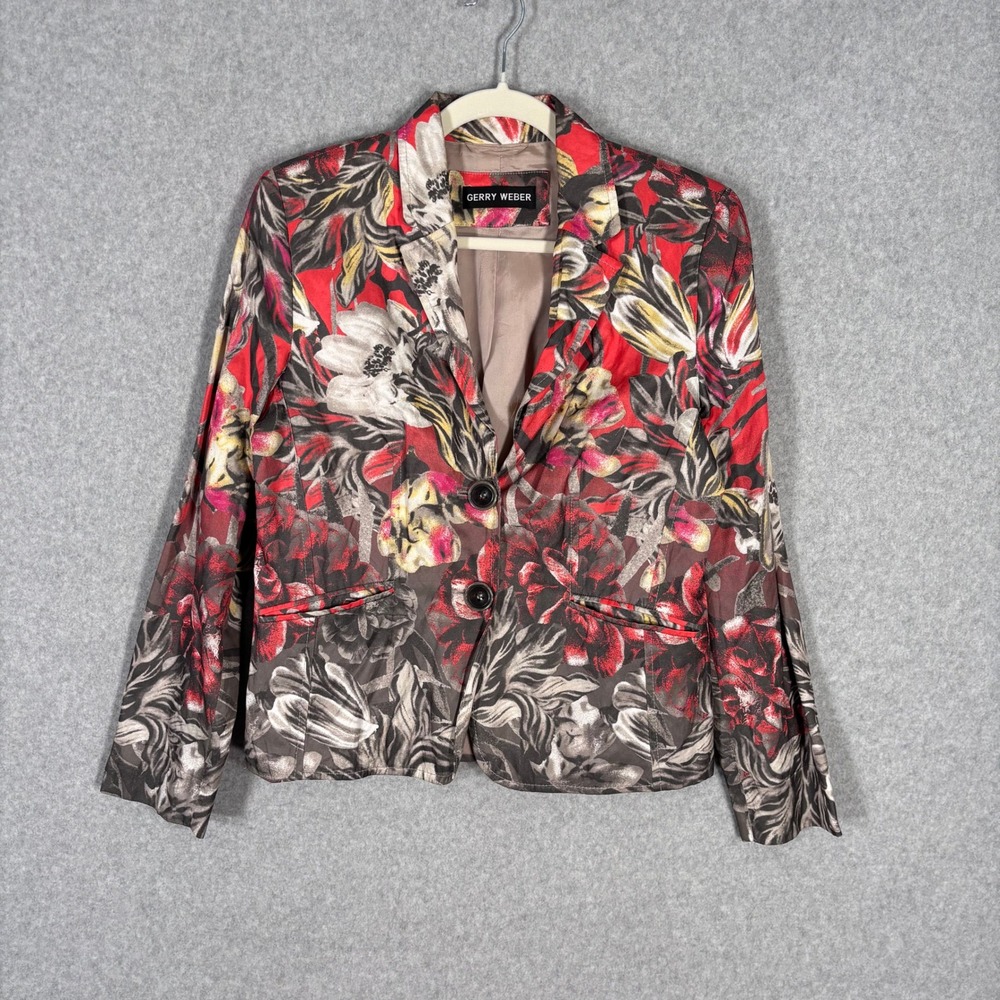 Gerry Weber Blazer Jacket Small Red‎ Gray Pockets Artsy Abstract Watercolor